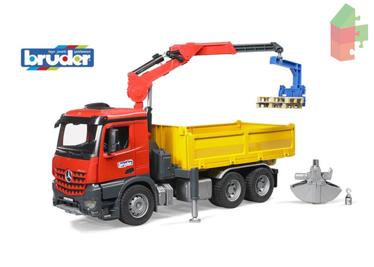 MB constructie vrachtwagen met kraan, pallet vorken, grijper en 2 pallets - Speelgoed de Betuwe