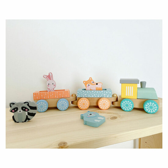 Small Foot - Houten Trein met Bosdieren Pastel, 9dlg.