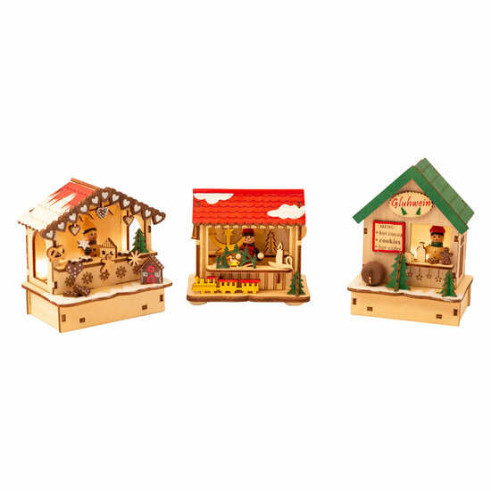 Small Foot - Houten Decoratie Kerstmarkt met Lampjes, Set va