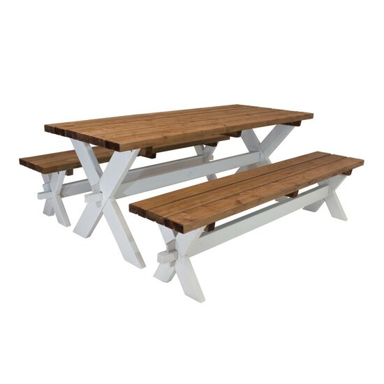 Celine Picknicktafel met bankjes van hout 177 cm - Bruin/wit