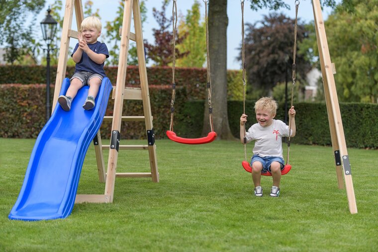 Houten Speeltoestel Ava met blauwe glijbaan