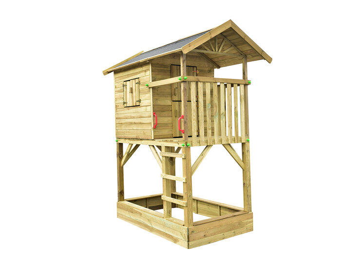 Houten speelhuis Treehut met zandbak en Rode glijbaan - Prestige Garden