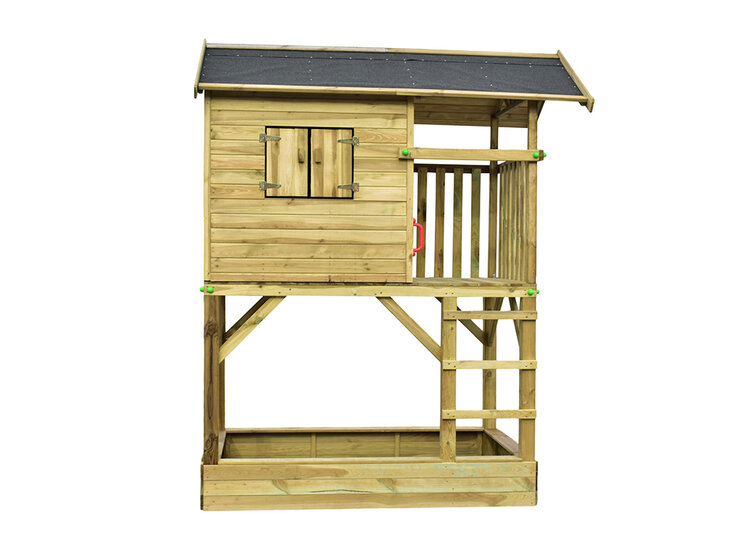 Houten speelhuis Treehut met zandbak en Rode glijbaan - Prestige Garden