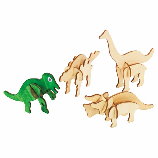 Colorations - Maak en Versier je Houten 3D Puzzel Dinosaurus, Set van 4