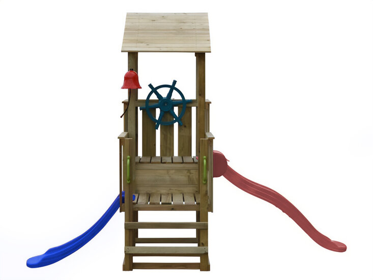 Houten speeltoren piraat incl 2 glijbanen - Prestige Garden  lange kant rood - korte kant blauw