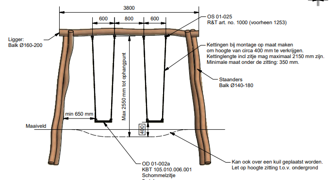 Robinia duoschommel voor openbaar gebruik 220cm