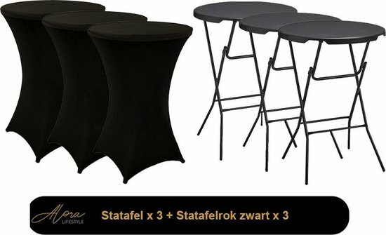 3x Zwarte Statafel + zwarte Statafelrok x 3 &ndash; 80 cm Dia x 110 cm hoog