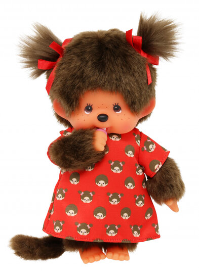 Monchhichi Meisje rood jurkje met print (20cm)