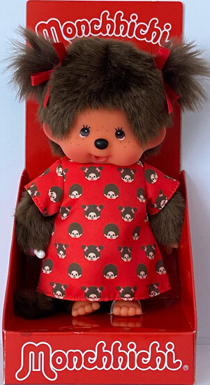 Monchhichi Meisje rood jurkje met print (20cm)