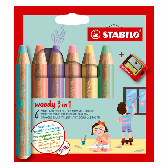 STABILO Woody 3in1 Potloden - 6 kleuren + Puntenslijper