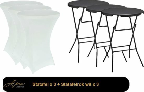 3x Zwarte Statafel + Witte Statafelrok x 3 &ndash; 80 cm Dia x 110 cm hoog