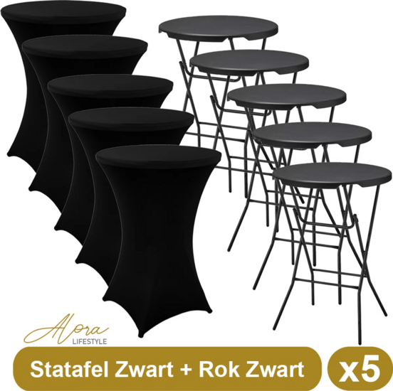 5x Zwarte Statafel + Zwarte Statafelrok x 5 &ndash; &oslash;80 cm x 110 cm hoog