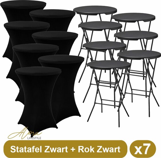 7x Zwarte Statafel + Zwarte Statafelrok x 7 &ndash; &oslash;80 cm x 110 cm hoog