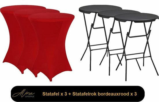 3x zwarte Statafel + bordeaux Statafelrok x 3