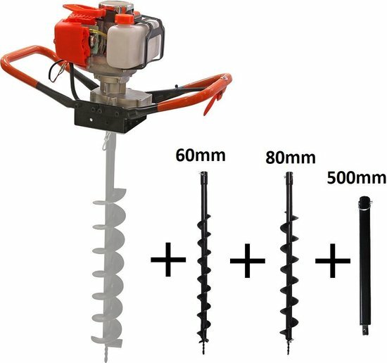 Kibani grondboor 52 cc + Grondboren set 60 mm en 80 mm + Verlengstuk