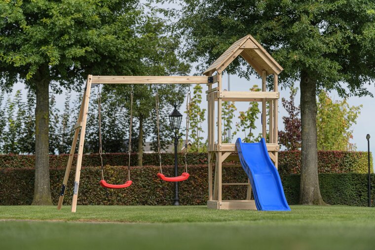 Houten Speeltoestel Noa met blauwe glijbaan