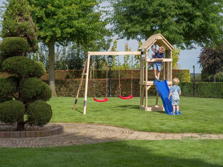 Houten Speeltoestel Noa met blauwe glijbaan