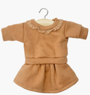 Liliane top en rok set van bruin suikerfleece met kant voor Minikane Gordis poppen van 34 en 37 cm.