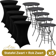 5x Zwarte Statafel + Zwarte Statafelrok x 5 &ndash; &oslash;80 cm x 110 cm hoog