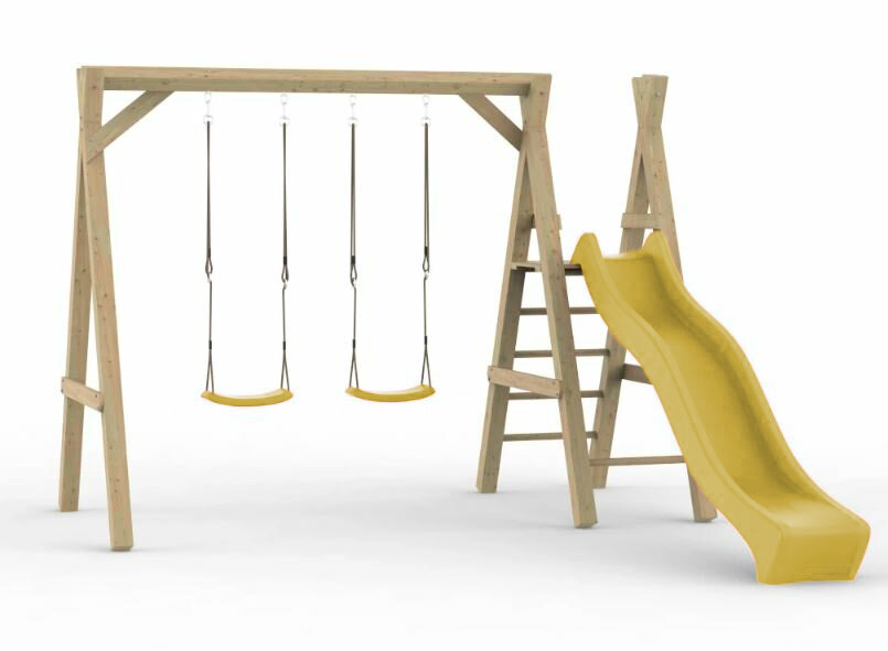 Houten schommel dubbel swing + platform Prestige Garden glijbaan geel