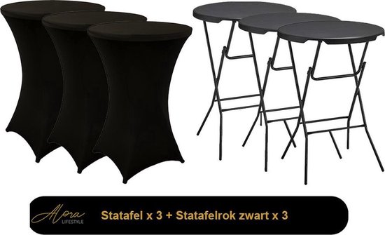 3x Zwarte Statafel + zwarte Statafelrok x 3 – 80 cm Dia x 110 cm hoog