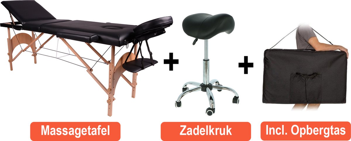 Massagetafel zen budget + Zadelkruk zwart/chrome - incl. opbergtas