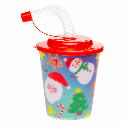 Beker met Deksel en Rietje Kerst, 12st.