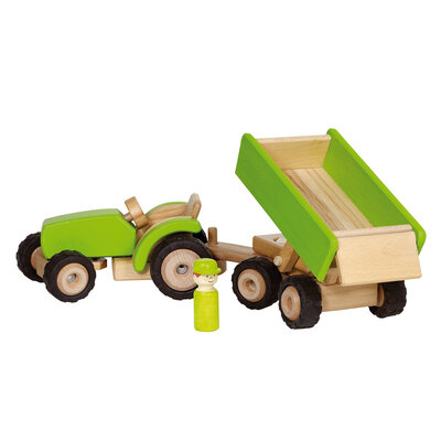 Goki Houten Tractor Groen met Aanhanger