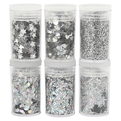 Glitter en Pailletten Zilver, 6x5gr