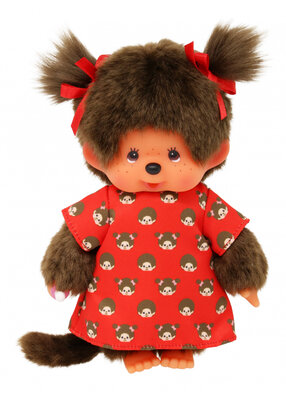 Monchhichi Meisje rood jurkje met print (20cm)