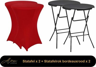 2x zwarte Statafel + bordeaux Statafelrok x 2