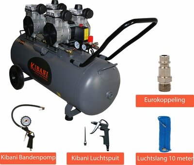 Kibani stille compressor 100 liter Incl. luchtslang, eurokoppeling & bandenpomp