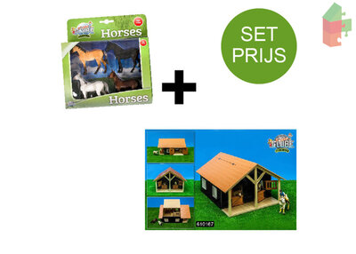 Kids Globe Set Houten Paardenstal 2 Boxen (Bruin/1:24) + 4 Paarden